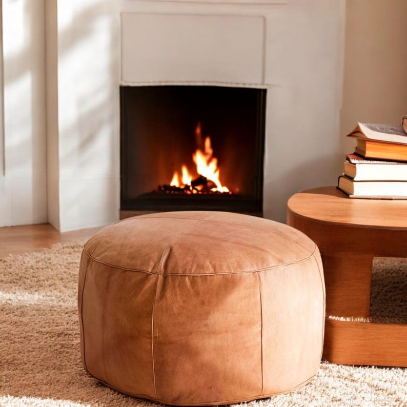 Round Moroccan Leather Pouf, Handmade Leather Footstool Pouf, Tan Leather hassock Ottoman Coffee Table Pouf, Unstaffed Pouf