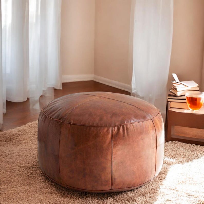 Round Moroccan Leather Pouf, Handmade Leather Footstool Pouf, Tan Leather hassock Ottoman Coffee Table Pouf, Unstaffed Pouf