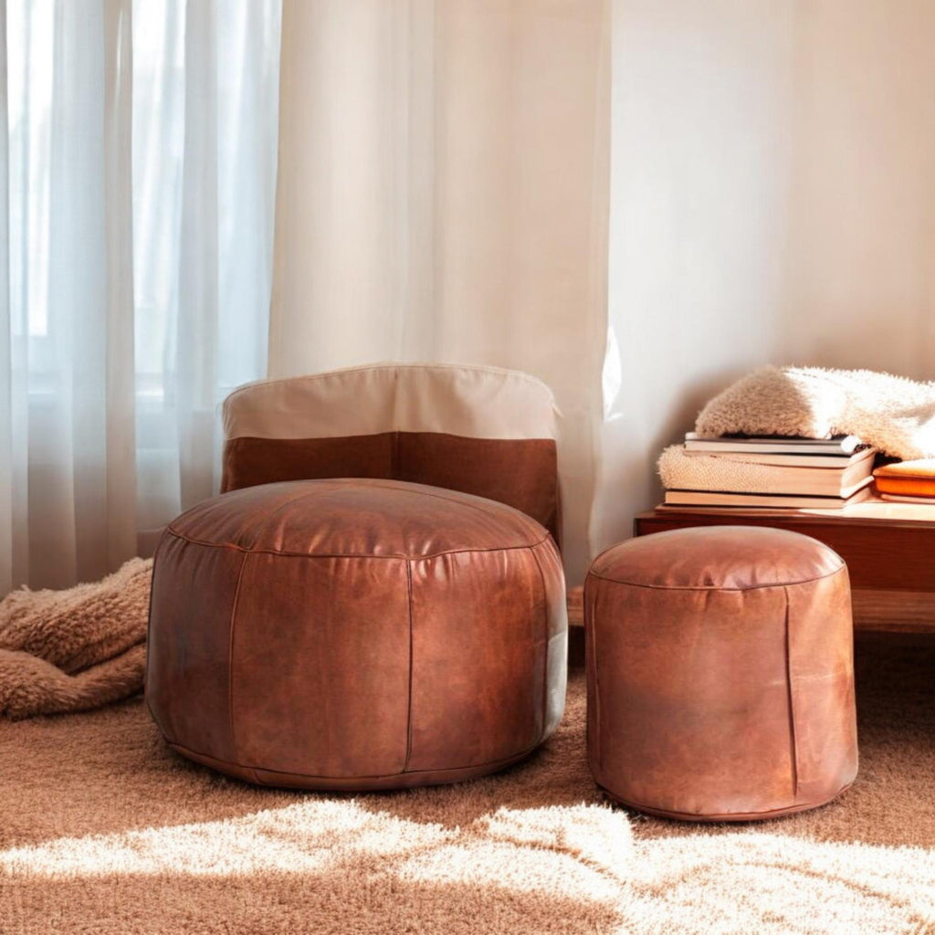 Round Moroccan Leather Pouf, Handmade Leather Footstool Pouf, Tan Leather hassock Ottoman Coffee Table Pouf, Unstaffed Pouf