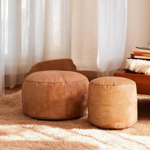 Round Moroccan Leather Pouf, Handmade Leather Footstool Pouf, Tan Leather hassock Ottoman Coffee Table Pouf, Unstaffed Pouf