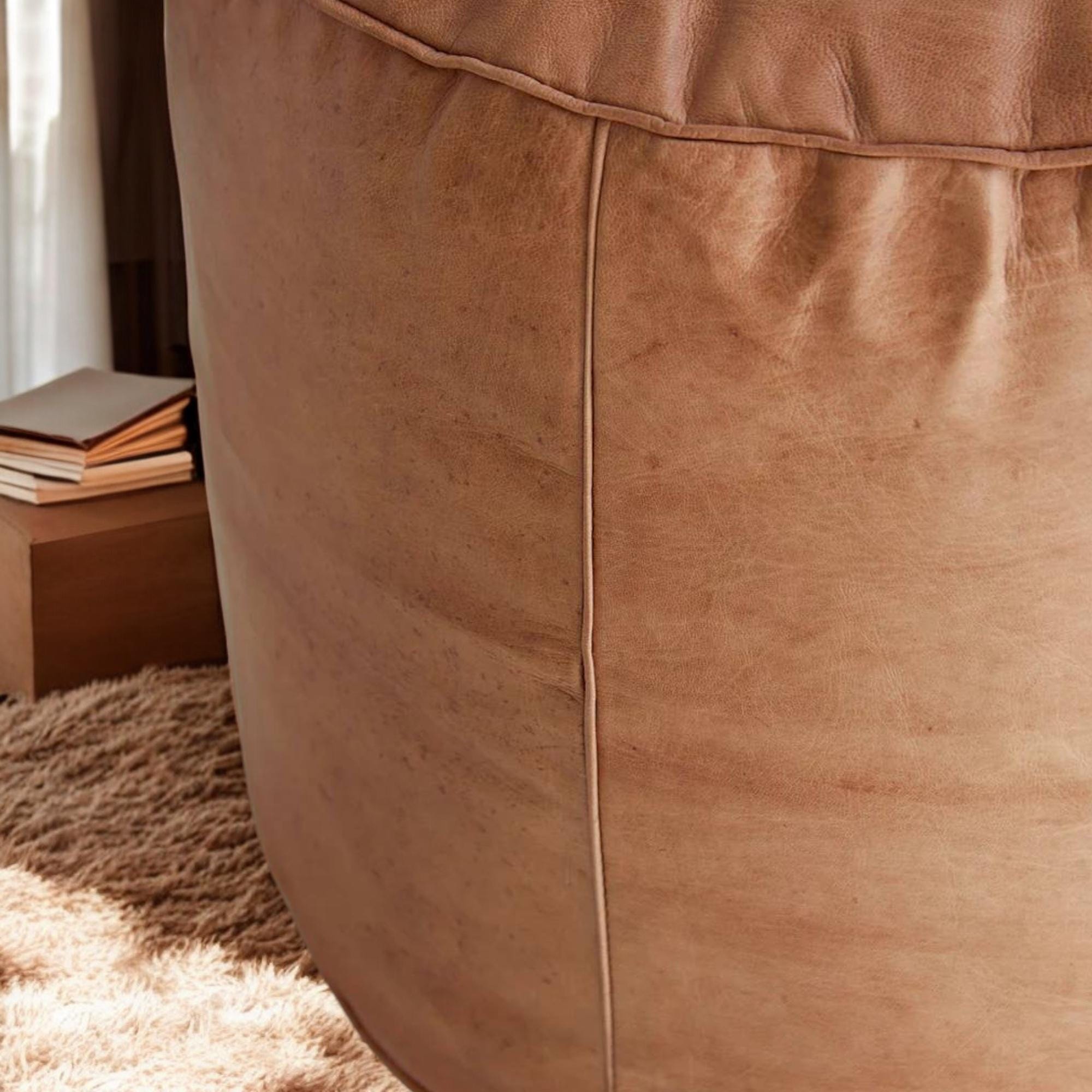Round Moroccan Leather Pouf, Handmade Leather Footstool Pouf, Tan Leather hassock Ottoman Coffee Table Pouf, Unstaffed Pouf