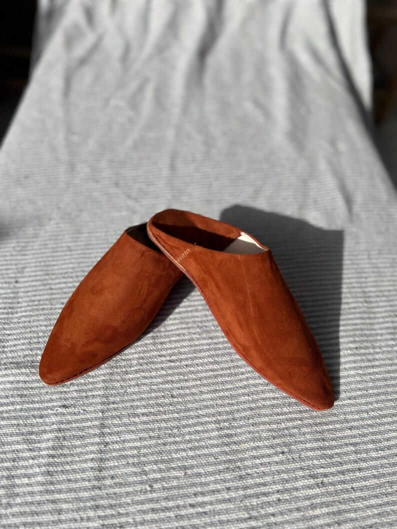 Moroccan Pointed-Toe Suede Babouches – Handmade Indoor & Outdoor Slippers – All Colors Available