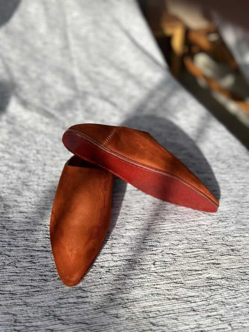 Moroccan Pointed-Toe Suede Babouches – Handmade Indoor & Outdoor Slippers – All Colors Available