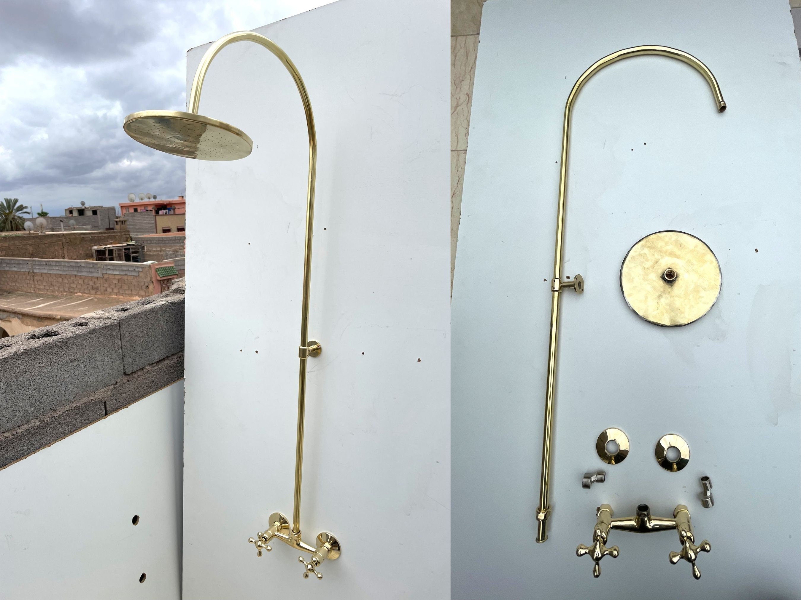 Unlacquered Brass Outdoor Shower System with Tub Filler | Handmade Moroccan Solid Brass Fixture


