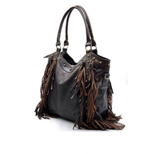 Black Leather Fringe purse, Fringed tote bag,