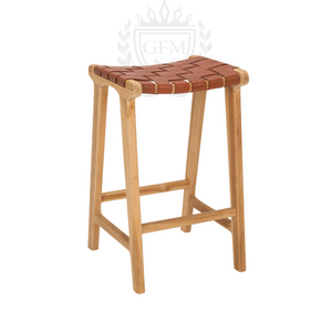 Handwoven Leather and Wood Stool | Boho Low Stool for Indoor and Outdoor Decor