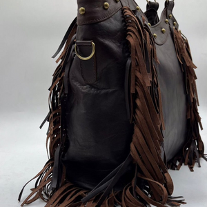 Black Leather Fringe purse, Fringed tote bag,