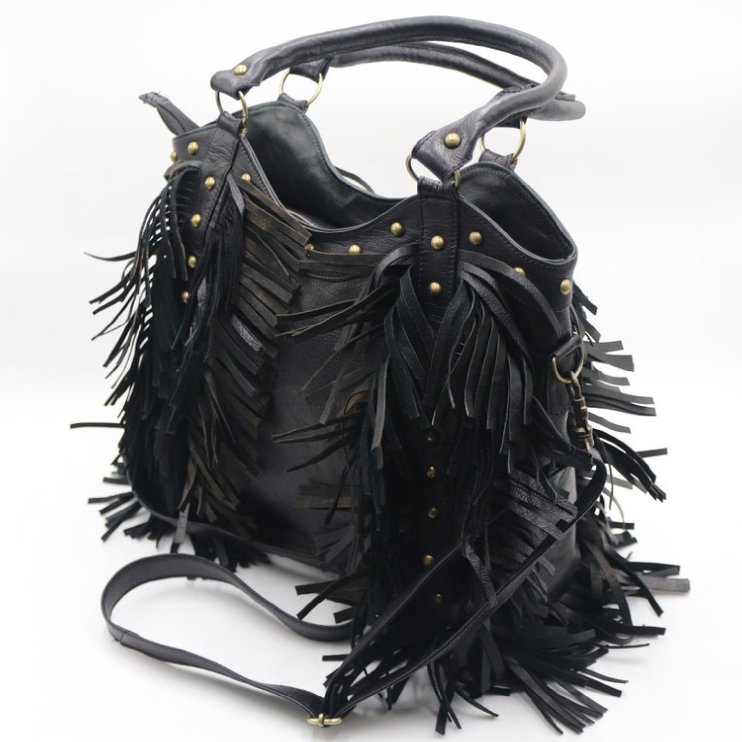 Black Leather Fringe purse, Fringed tote bag,