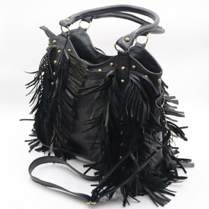 Black Leather Fringe purse, Fringed tote bag,