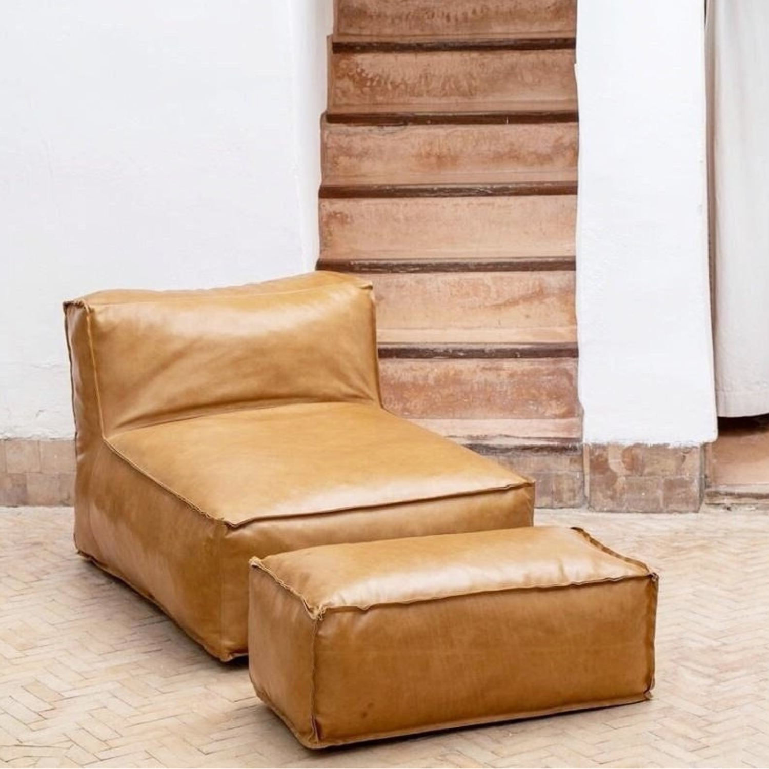 Leather Armless Sofa with Square Ottoman - Boho Leather Lounger