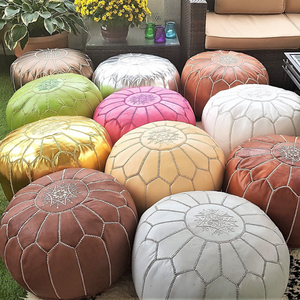 Moroccan Leather Pouf Ottoman with Top Embroidery - Available in Various Colors