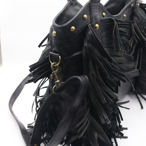 Black Leather Fringe purse, Fringed tote bag,