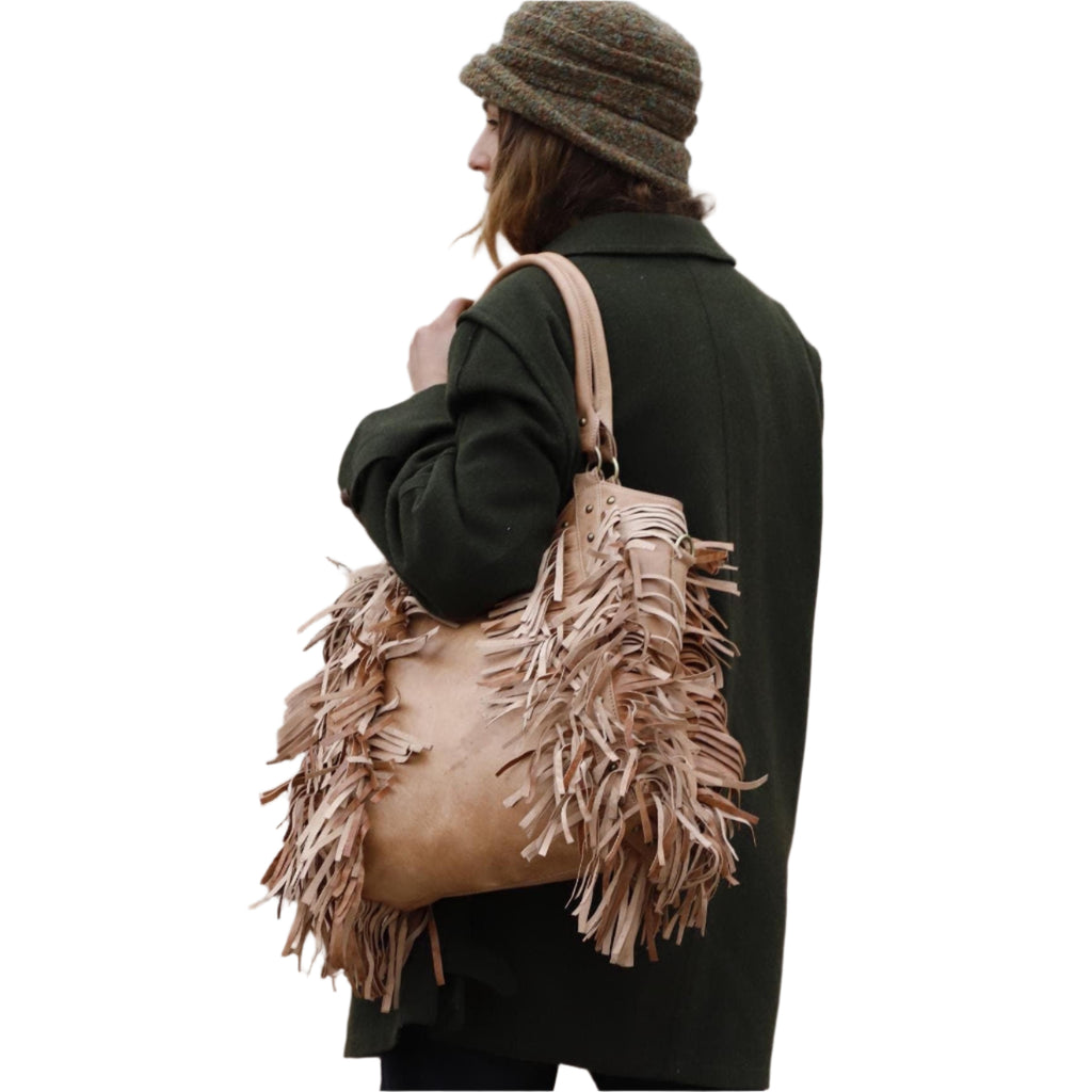 Brown Western tote Bag, Fringed Moroccan Leather Purse, Cowgirl Fringe Bag, Bohemian Leather women Handbag