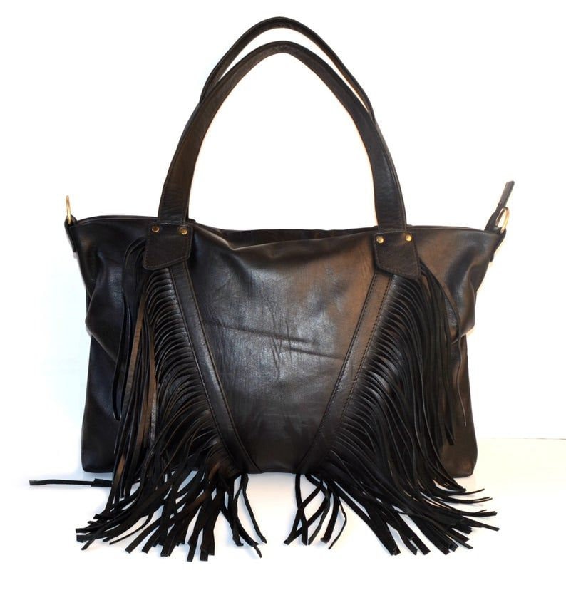 Black Fringe purse ,Leather Hobo Purse, Leather Tote Bag