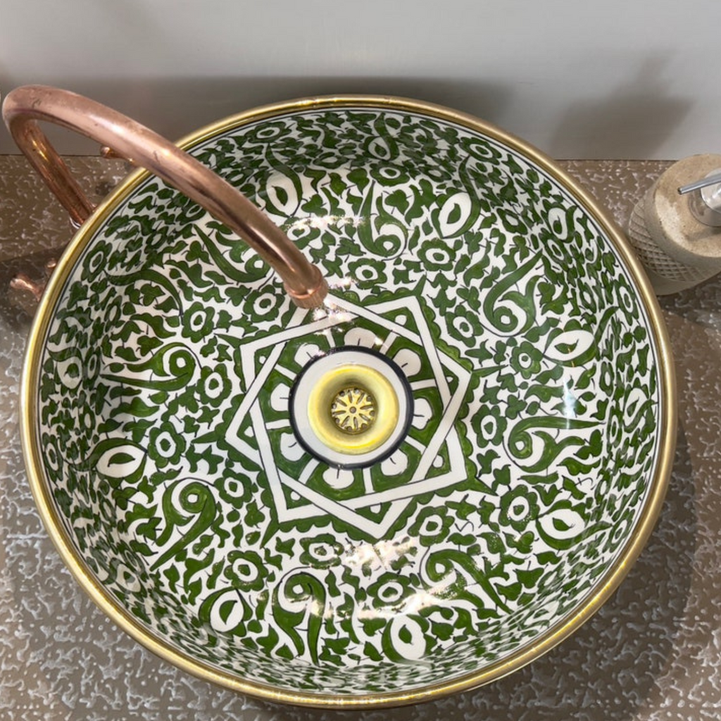 green ceramic basin, luxury bathroom sink, handcrafted vessel sink, 14K gold rim sink, floral bathroom basin, ceramic wash bowl, designer bathroom sink, green sink, luxury vessel basin, handmade bathroom sink, decorative bathroom sink, floral vessel sink, high-end bathroom sink, luxury sink
