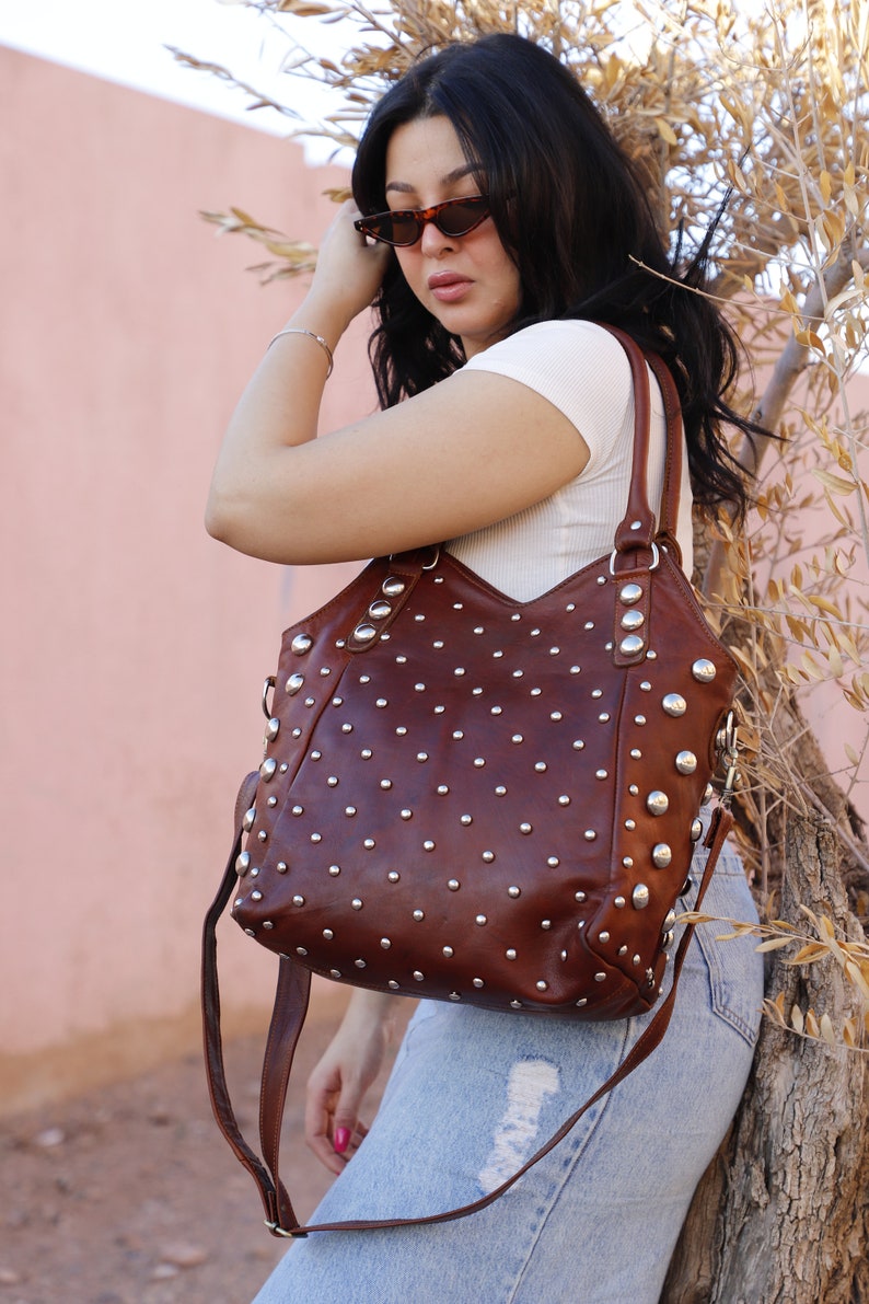 Dot Studded tote bag, Studded leather handbag, Polka dot Studded tote bag, Moroccan Black leather studded bag, gothic rivets Leather Bag