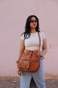 Drawstring Leather bag, Leather drawstring bag for women, Leather handwork bucket bag, women Wanderlust Bag, Handmade Engraved Leather Bag