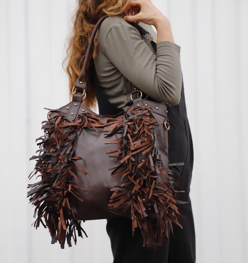 Women Boho Fringe Leather Bag, Brown Western tote Bag, Fringed Moroccan Leather Purse, Cowgirl Fringe Bag, Bohemian Leather women Handbag