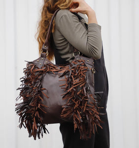 Women Boho Fringe Leather Bag, Brown Western tote Bag, Fringed Moroccan Leather Purse, Cowgirl Fringe Bag, Bohemian Leather women Handbag