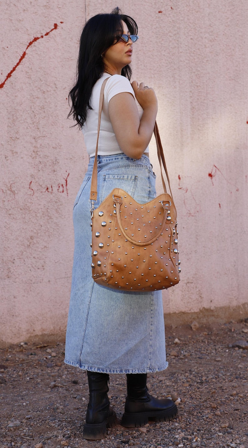 Dot Studded tote bag, Studded leather handbag, Polka dot Studded tote bag, Moroccan Black leather studded bag, gothic rivets Leather Bag