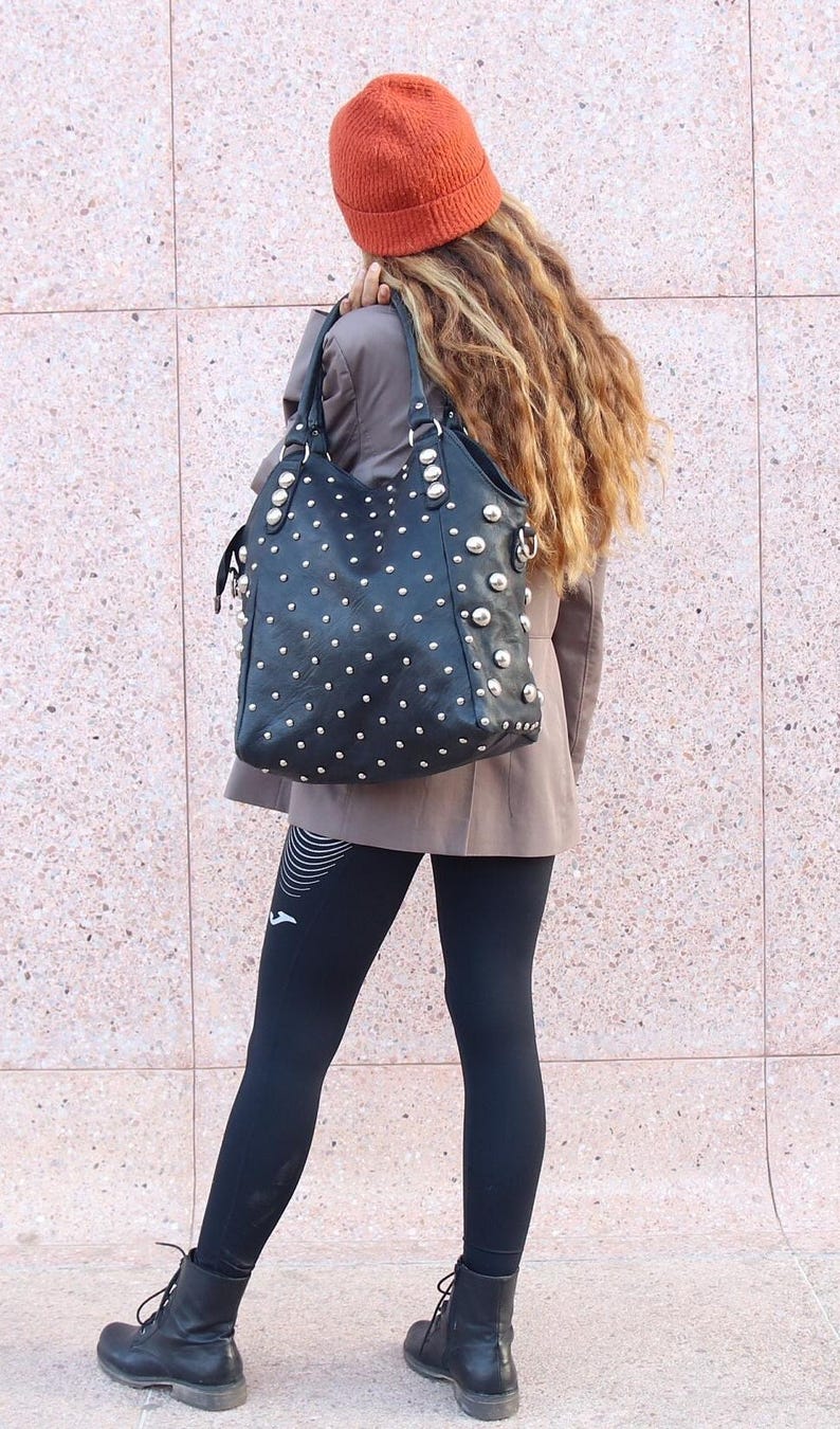 Dot Studded tote bag, Studded leather handbag, Polka dot Studded tote bag, Moroccan Black leather studded bag, gothic rivets Leather Bag