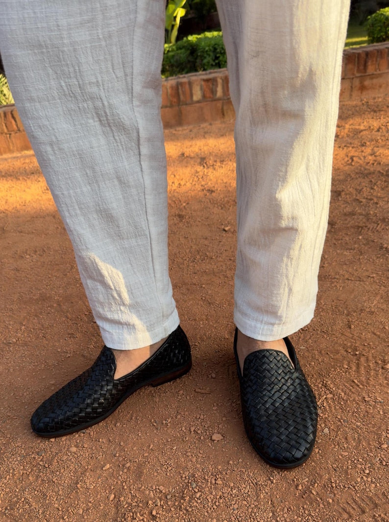 Men’s Handmade Braided Leather Moccasins – Premium Genuine Leather Loafers for Men