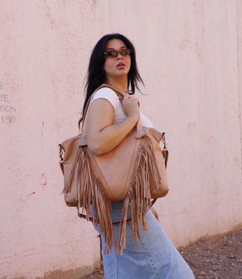 Leather Fringe Tote Bag - Boho Western Crossbody Bag - Festival Fringe Handbag - Coachella Inspired Shoulder Bag - Handmade bag Gift for Her