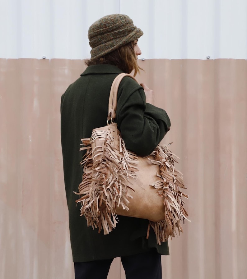 Women Boho Fringe Leather Bag, Brown Western tote Bag, Fringed Moroccan Leather Purse, Cowgirl Fringe Bag, Bohemian Leather women Handbag