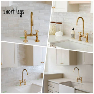 Solid Brass Bridge Kitchen Faucet with Straight Legs – Unlacquered Moroccan Brass Sink Tap with Optional Spraye