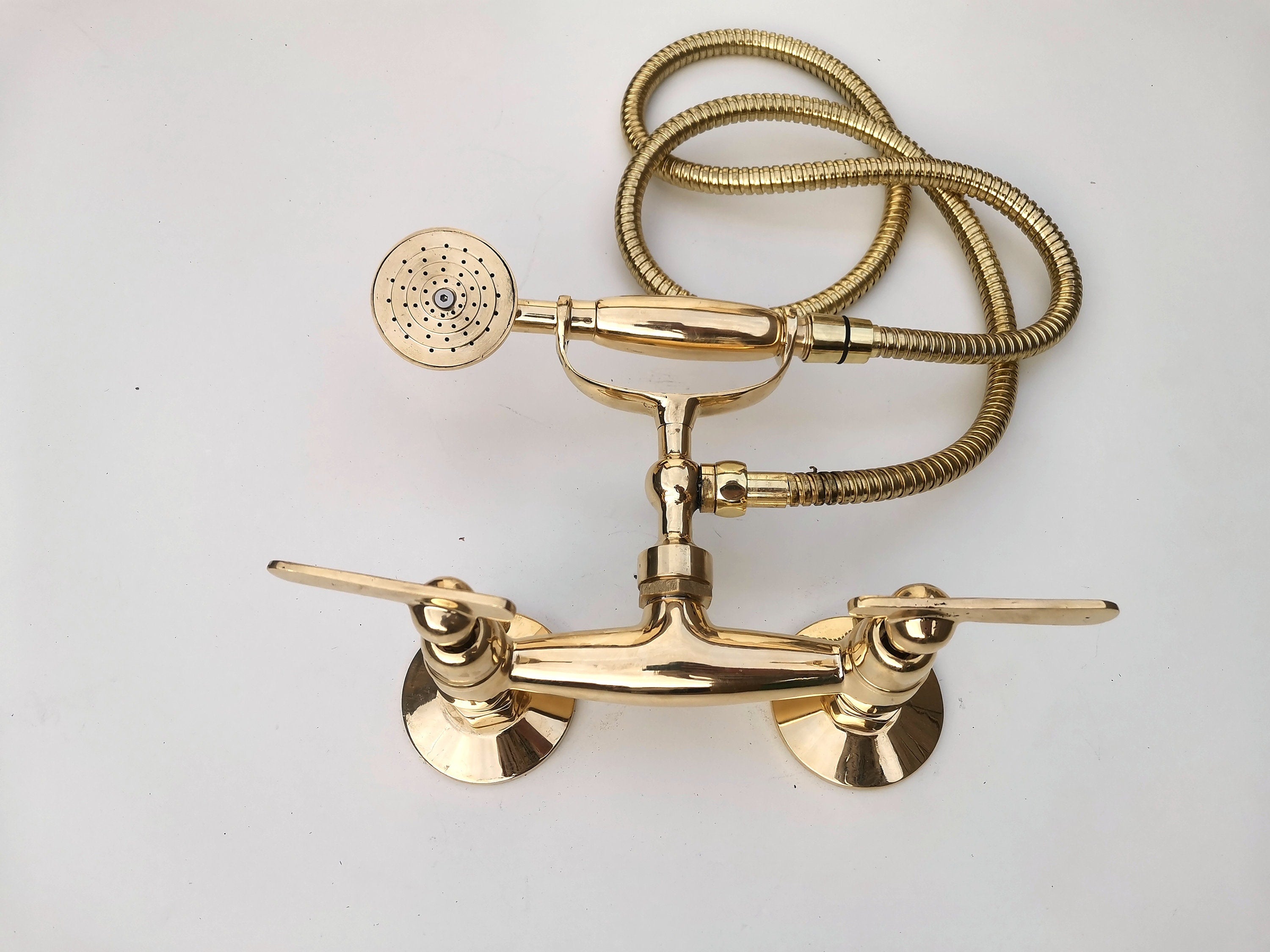 Unlacquered Brass Shower System with Telephone Handheld | Wall Mounted Vintage Brass Shower Set