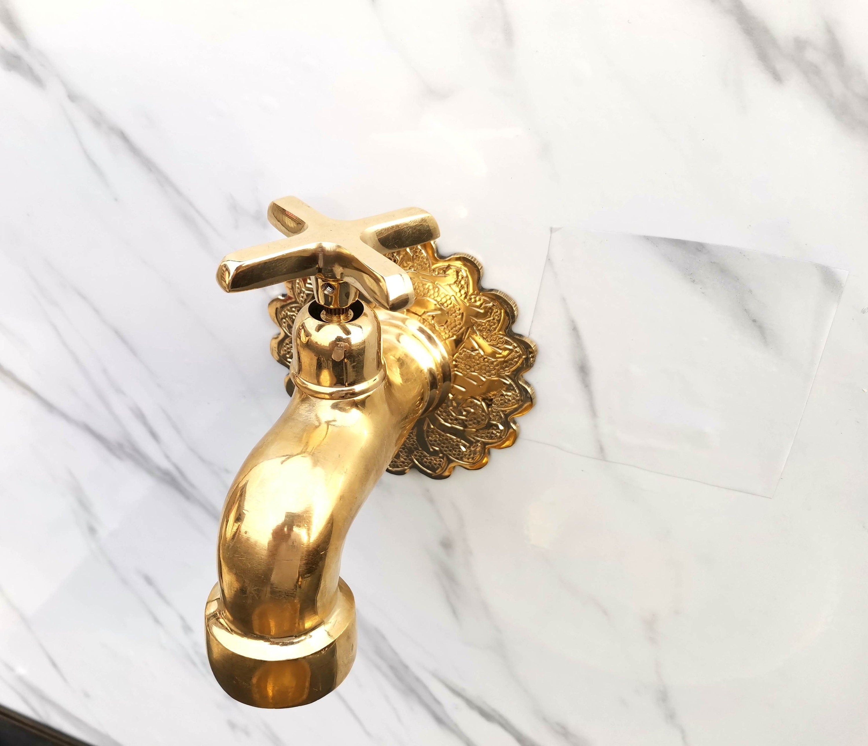 Antique Brass Faucet, Unlacquered Brass Tap, Bathroom Sink Faucet, Garden Brass Tap, Handmade Brass Faucet, Moroccan Brass Faucet, Boho Bathroom Decor, Eclectic Bathroom Accessories, Solid Brass Water Tap, Vintage Style Faucet, Countertop Brass Tap, Handmade Bathroom Fixtures, Rustic Brass Sink Tap, Brass Tap with Cross Handles, Artisan Bathroom Tap