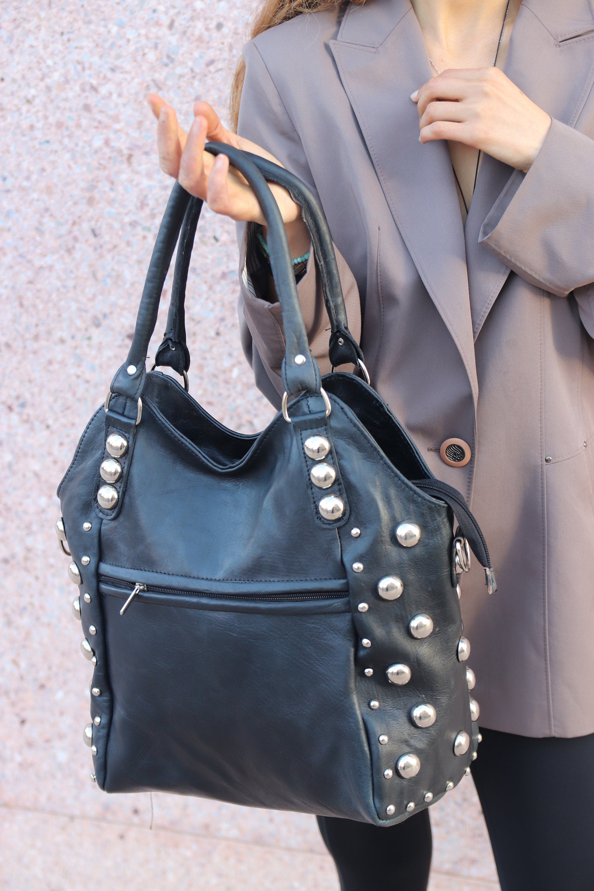 Black Polka dot Studded tote bag, Black dot Studded bag, Studded leather handbag, Black leather studded bag, Black gothic rivets Leather Bag