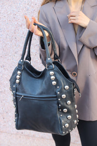 Black Polka dot Studded tote bag, Black dot Studded bag, Studded leather handbag, Black leather studded bag, Black gothic rivets Leather Bag