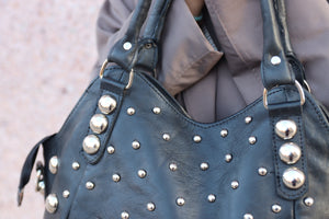 Black Polka dot Studded tote bag, Black dot Studded bag, Studded leather handbag, Black leather studded bag, Black gothic rivets Leather Bag