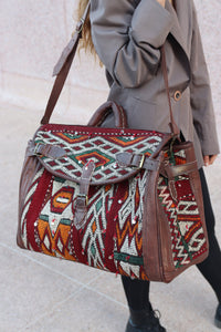Kilim Duffle bag, leather duffle bag, duffle weekender bag, kilim bag clearance, handmade rug bag, duffle boho chic bag, weekender bag kilim