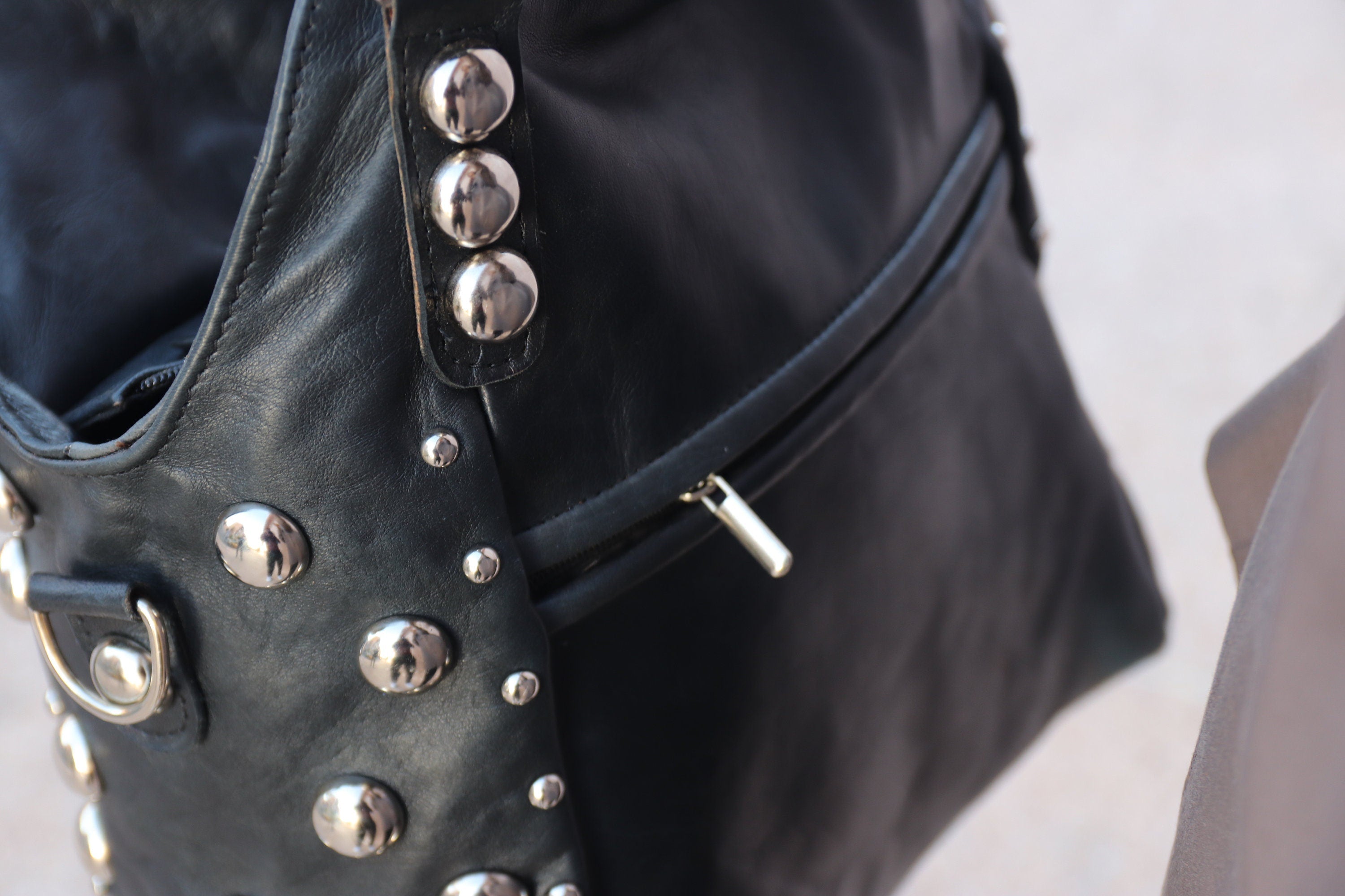 Black Polka dot Studded tote bag, Black dot Studded bag, Studded leather handbag, Black leather studded bag, Black gothic rivets Leather Bag