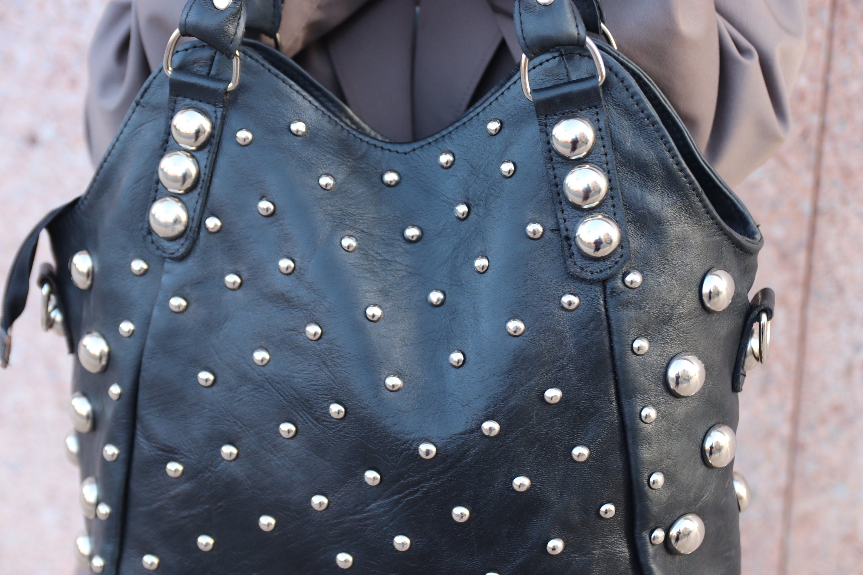 Black Polka dot Studded tote bag, Black dot Studded bag, Studded leather handbag, Black leather studded bag, Black gothic rivets Leather Bag