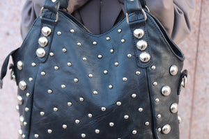 Black Polka dot Studded tote bag, Black dot Studded bag, Studded leather handbag, Black leather studded bag, Black gothic rivets Leather Bag