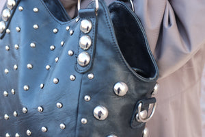 Black Polka dot Studded tote bag, Black dot Studded bag, Studded leather handbag, Black leather studded bag, Black gothic rivets Leather Bag
