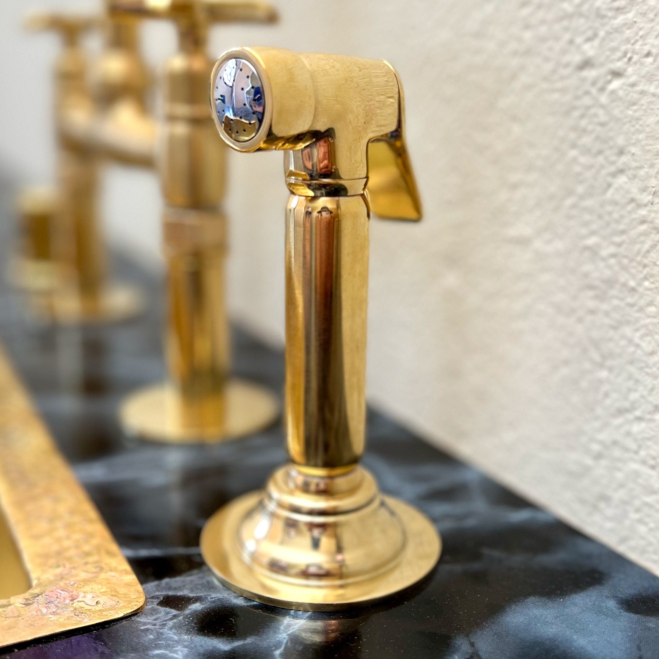 Unlacquered Brass Bridge Kitchen Faucet – Handcrafted Moroccan Solid Brass Faucet with Swiveling Neck, Timeless Patina Finish