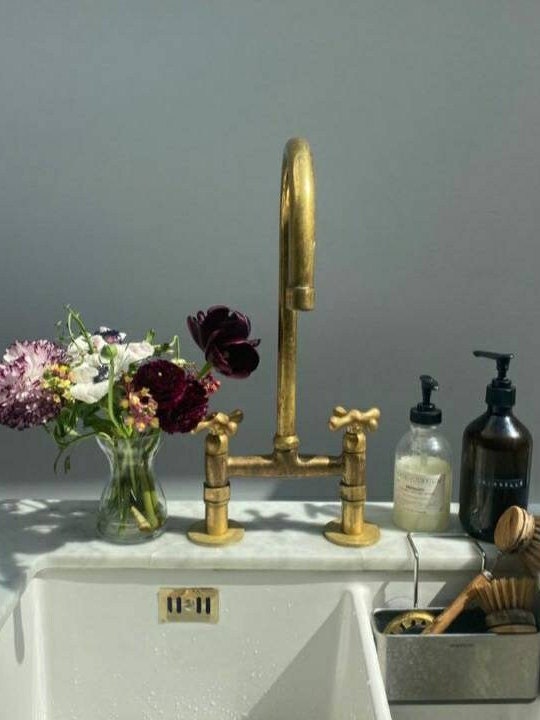 Solid Brass Bridge Kitchen Faucet with Straight Legs – Unlacquered Moroccan Brass Sink Tap with Optional Spraye