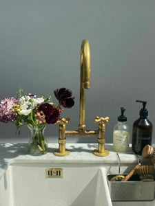 Solid Brass Bridge Kitchen Faucet with Straight Legs – Unlacquered Moroccan Brass Sink Tap with Optional Spraye