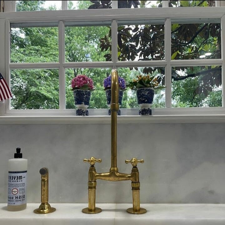 Solid Brass Bridge Kitchen Faucet with Straight Legs – Unlacquered Moroccan Brass Sink Tap with Optional Spraye
