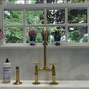 Solid Brass Bridge Kitchen Faucet with Straight Legs – Unlacquered Moroccan Brass Sink Tap with Optional Spraye