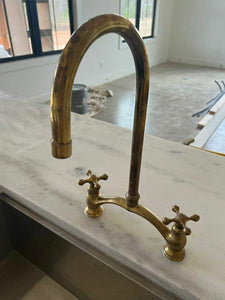 Victorian Unlacquered Brass Bridge Kitchen Faucet with Side Sprayer – Antique Farmhouse Style