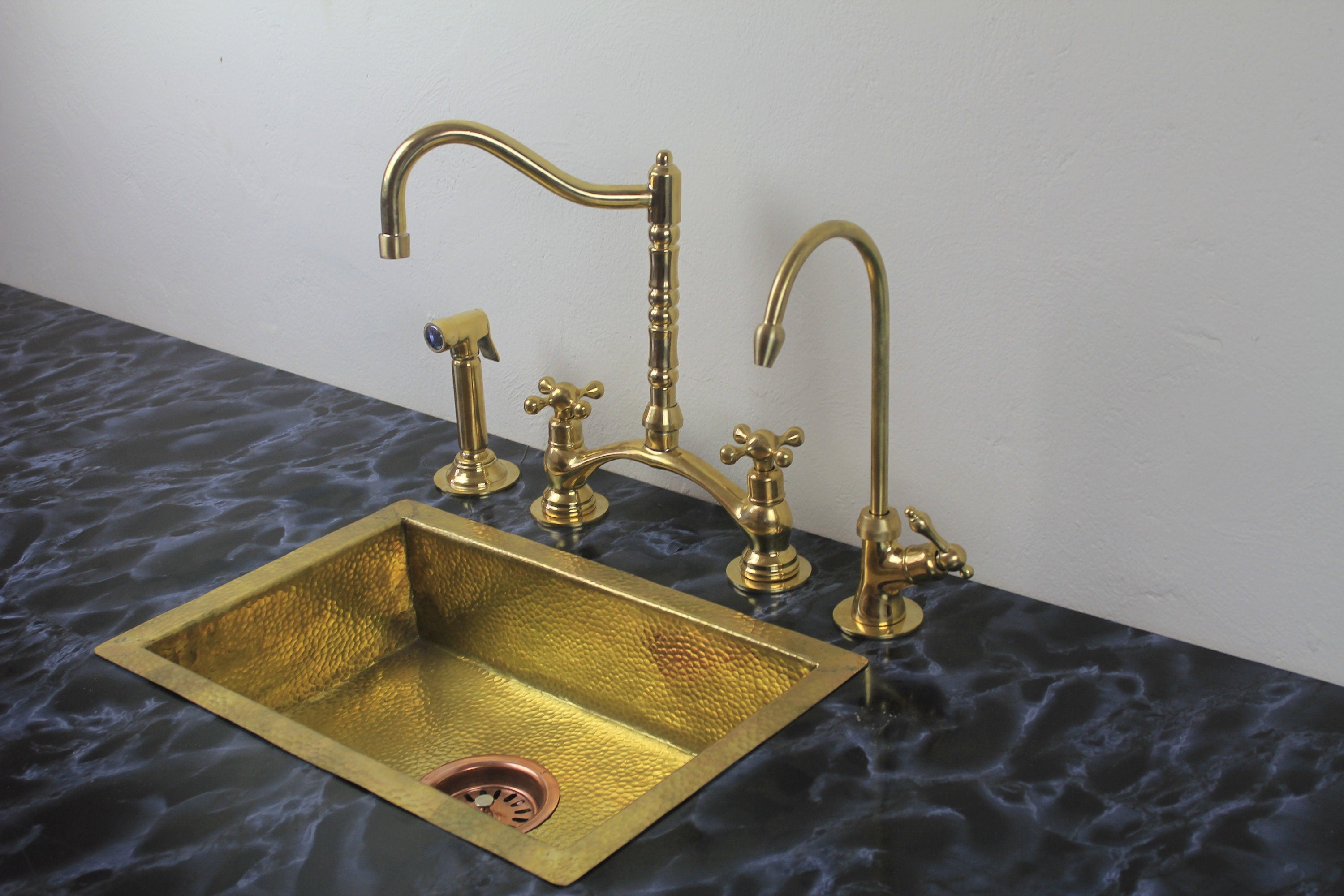 Kitchen Bridge Faucet with Side Sprayer – Modern Unlacquered Brass Faucet for Timeless Elegance