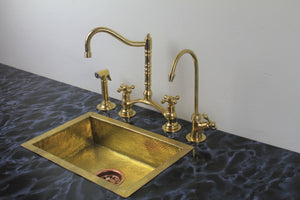 Kitchen Bridge Faucet with Side Sprayer – Modern Unlacquered Brass Faucet for Timeless Elegance