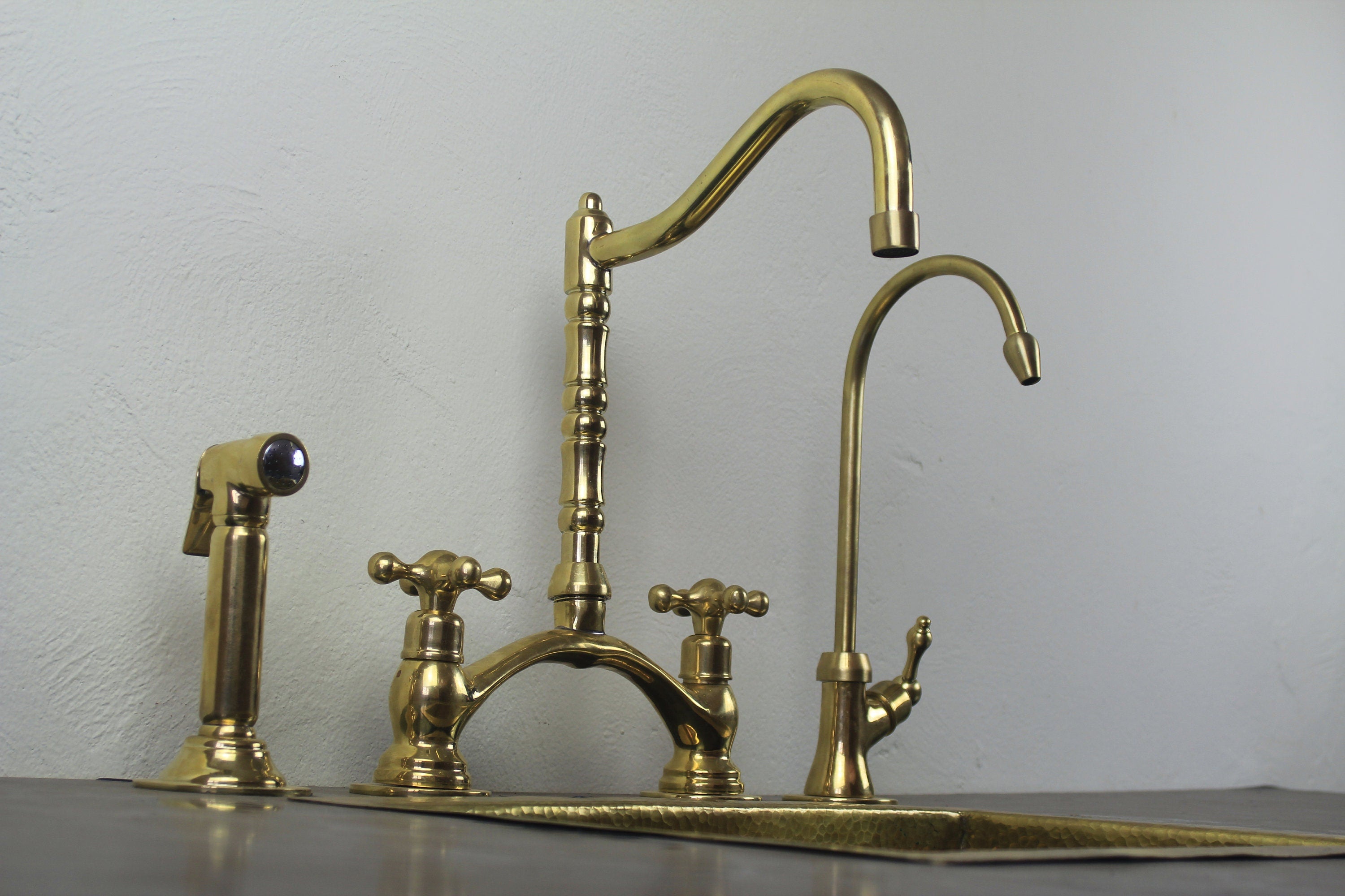 Kitchen Bridge Faucet with Side Sprayer – Modern Unlacquered Brass Faucet for Timeless Elegance