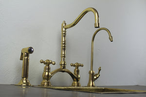 Kitchen Bridge Faucet with Side Sprayer – Modern Unlacquered Brass Faucet for Timeless Elegance