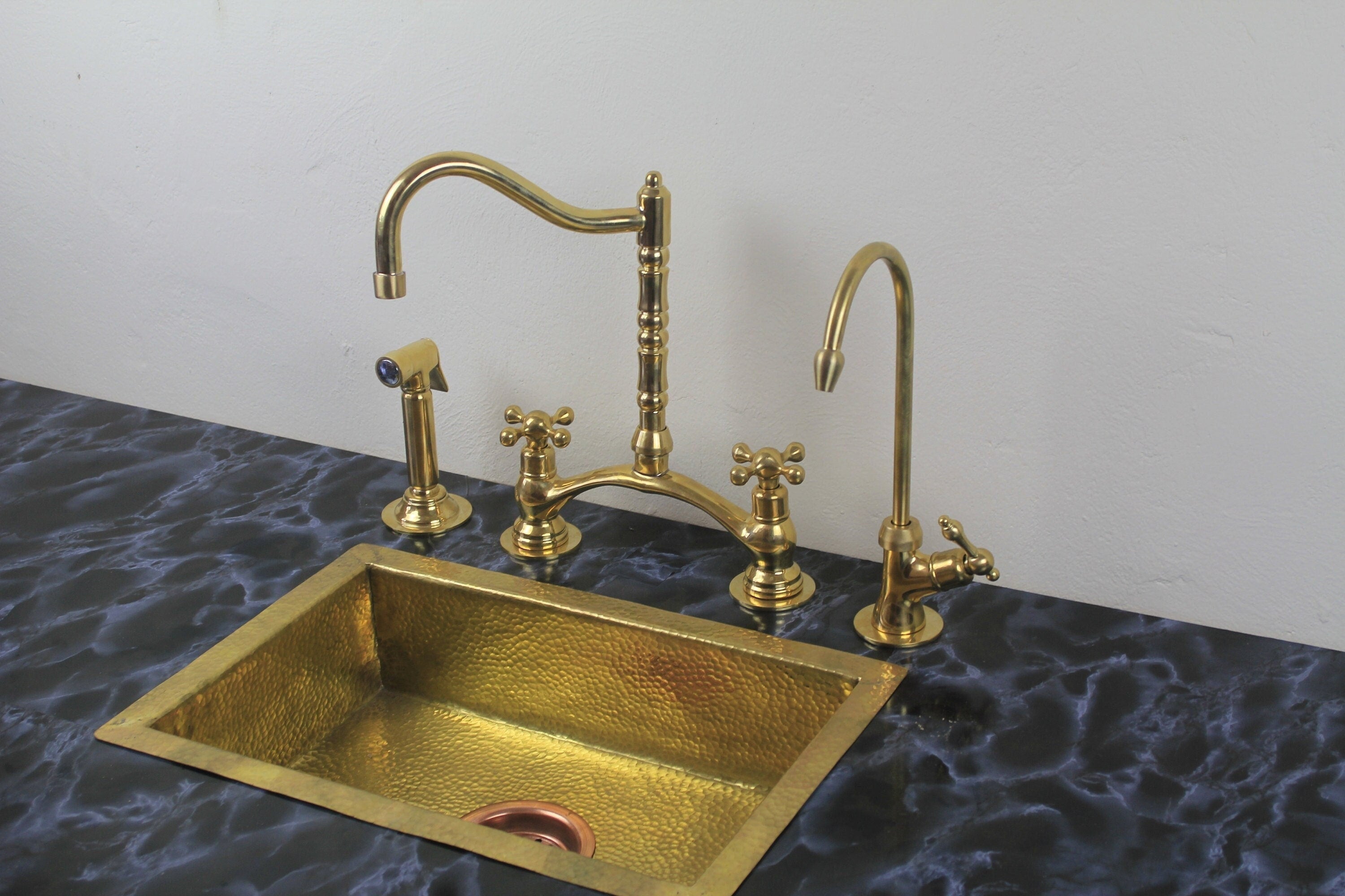 Kitchen Bridge Faucet with Side Sprayer – Modern Unlacquered Brass Faucet for Timeless Elegance